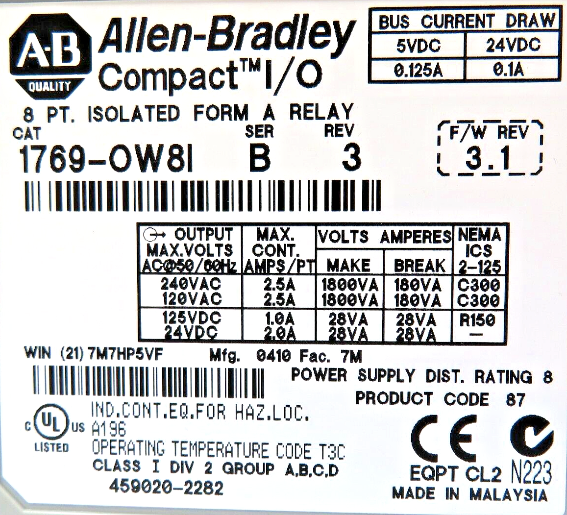 Allen-Bradley 1769-OW8I CompactLogix 8-PT. Digital Output Relay Contact Module