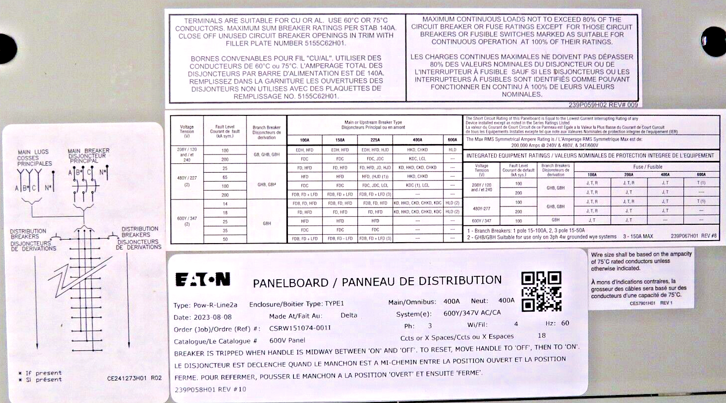 Eaton Panelboard Pow-R-Line 2A 600VAC 400A Comes With EZT2036S Enclosure Door