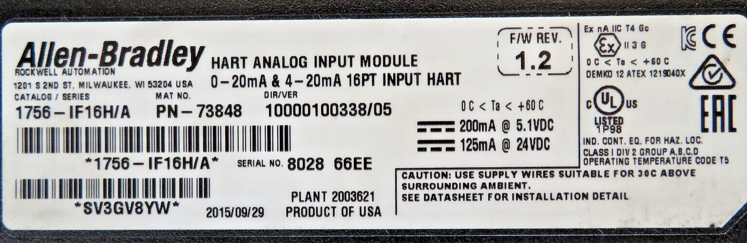 Allen-Bradley 1756-IF16H/A ControlLogix Hart 16-Point Analog Input Module