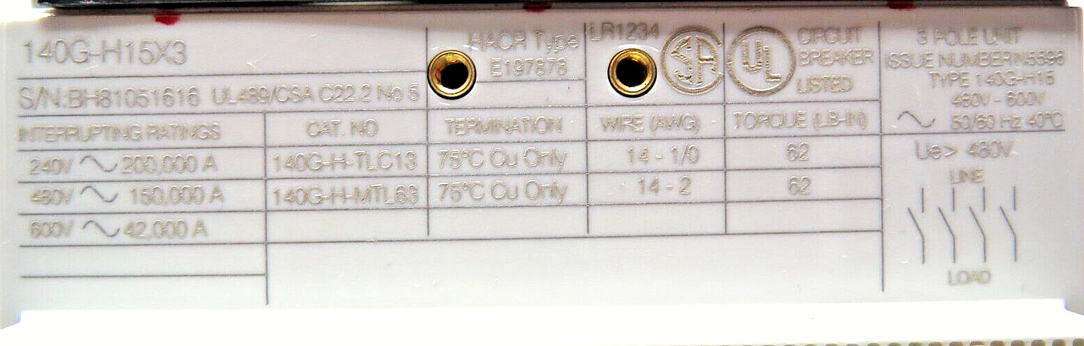 Allen-Bradley 140G-H15X3 125A Molded Case Circuit Breaker 140G-HTH3-C60 Trip LSI