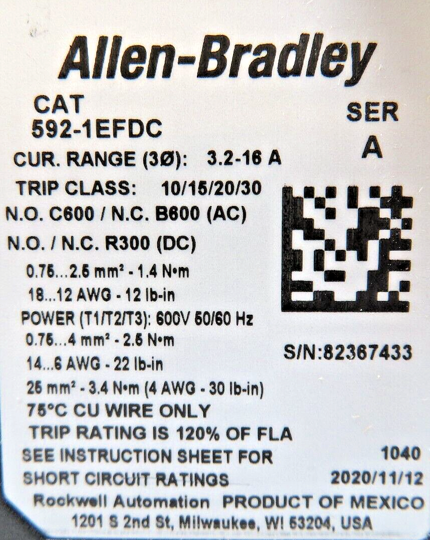 Allen-Bradley 592-1EFDC E100 Overload Relay 3.2-16A Trip Class 10/15/20/30 SER.A