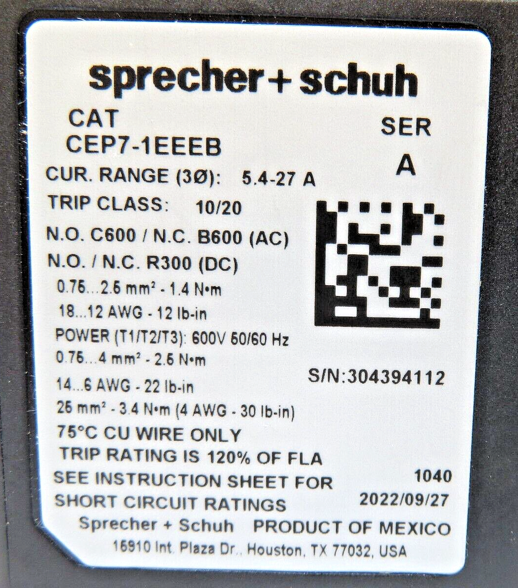 Sprecher + Schuh CEP7-1EEEB Solid-State Overload Relay 5.4-27A Class10/20