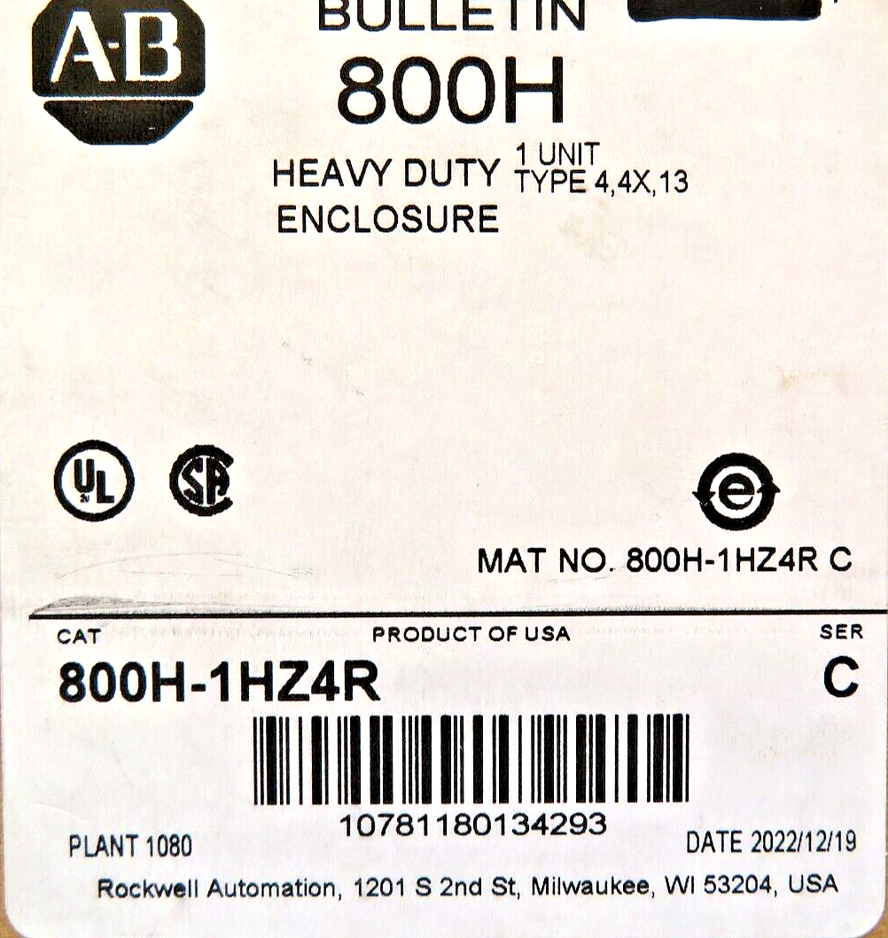 Allen-Bradley 800H-1HZ4R Push-Button Heavy Duty Enclosure Type 4, 4X, 13
