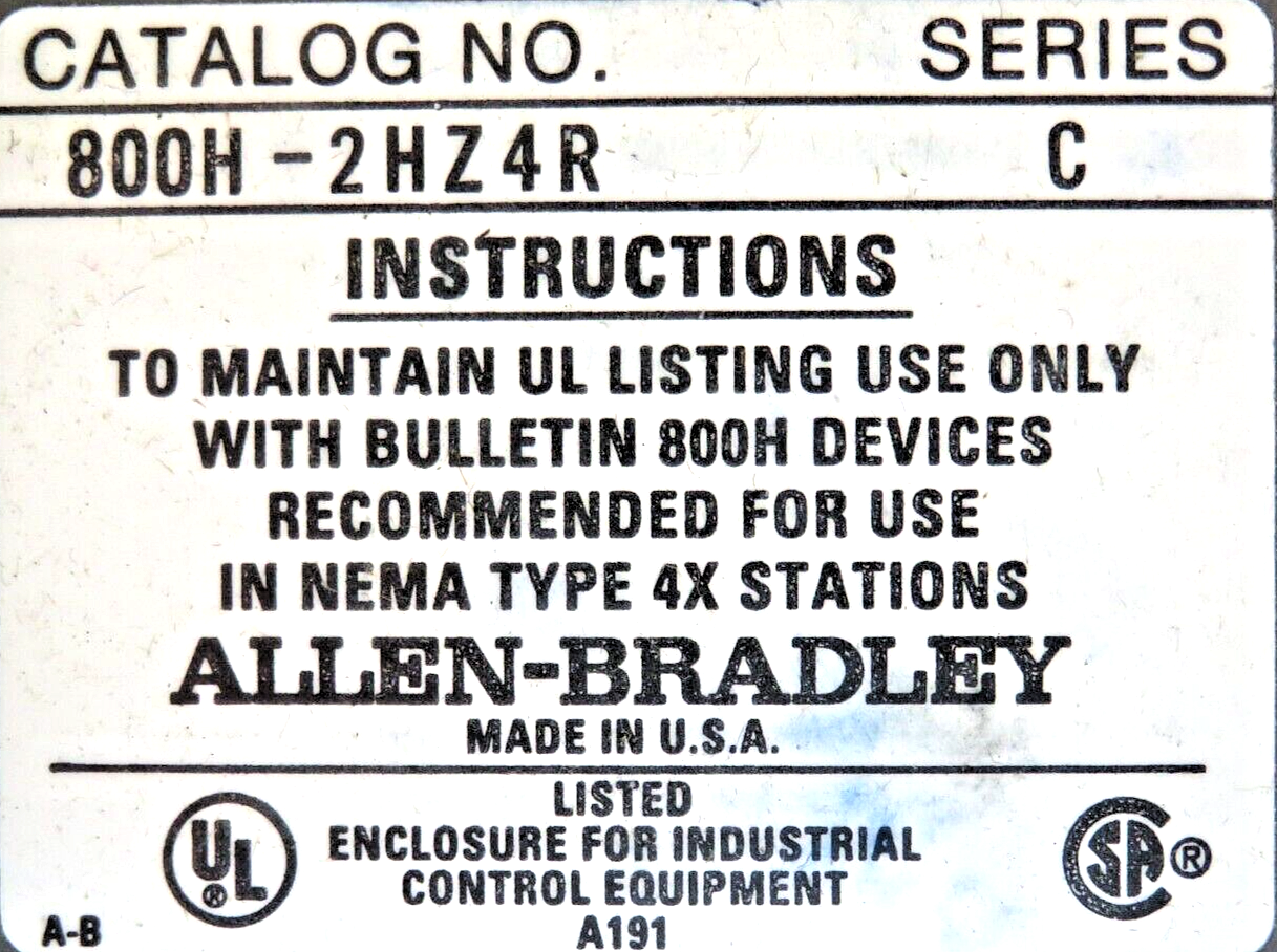 Allen-Bradley 800H-2HZ4R Heavy-Duty Enclosure 2-Hole 30MM Push Button 4/4X/13