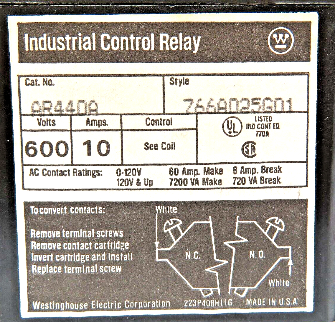 Westinghouse AR440A Industrial Control Relay 10A 120VAC 4-NO 4-Pole