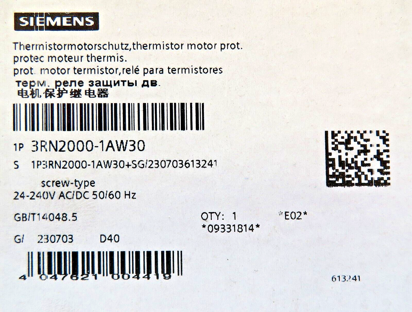 Siemens 3RN2000-1AW30 Thermistor Motor Protection Relay