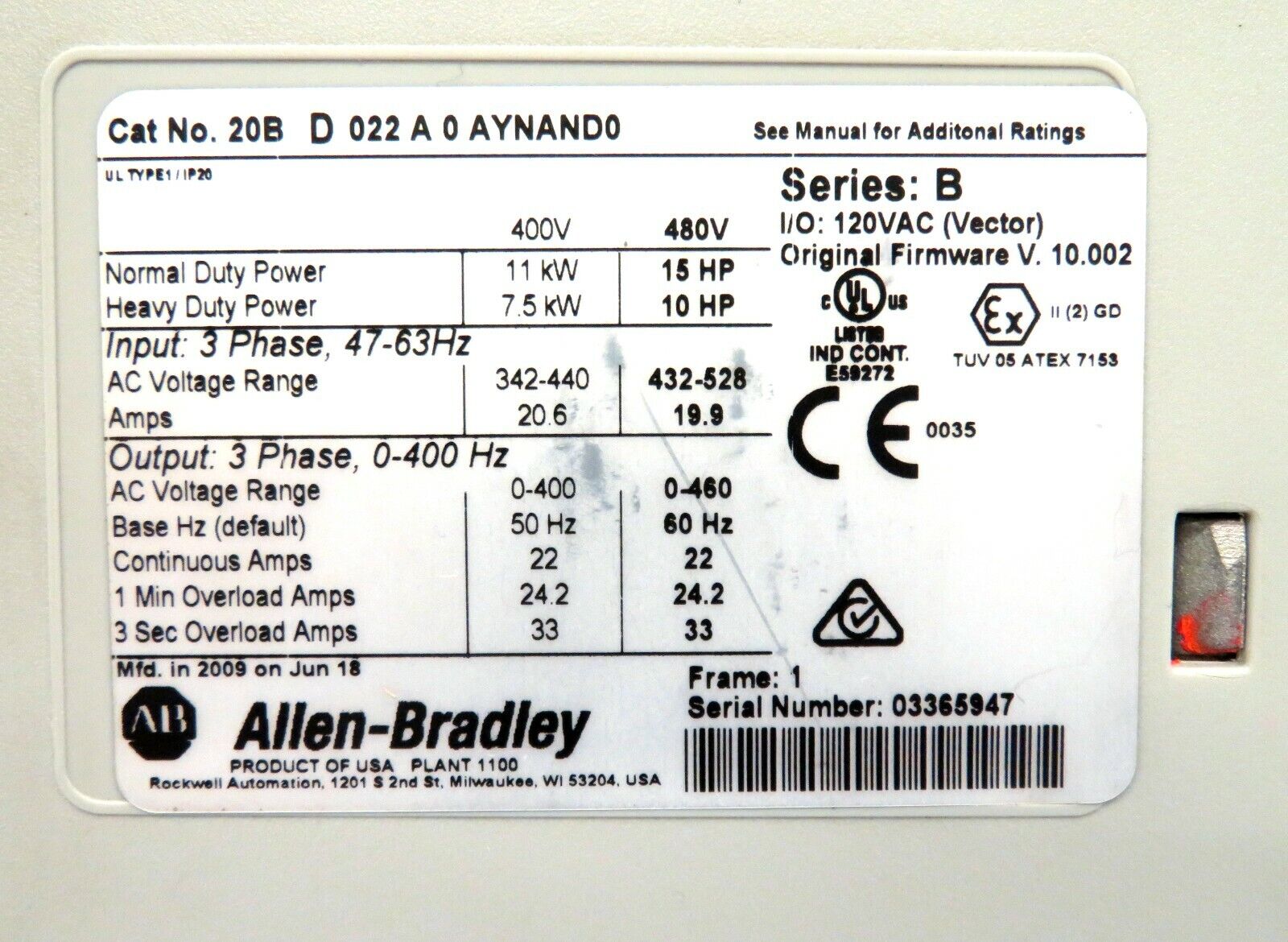 Allen-Bradley 20BD022A0AYNAND0 PowerFlex 700 AC Drive 480VAC 22A 15/10HP