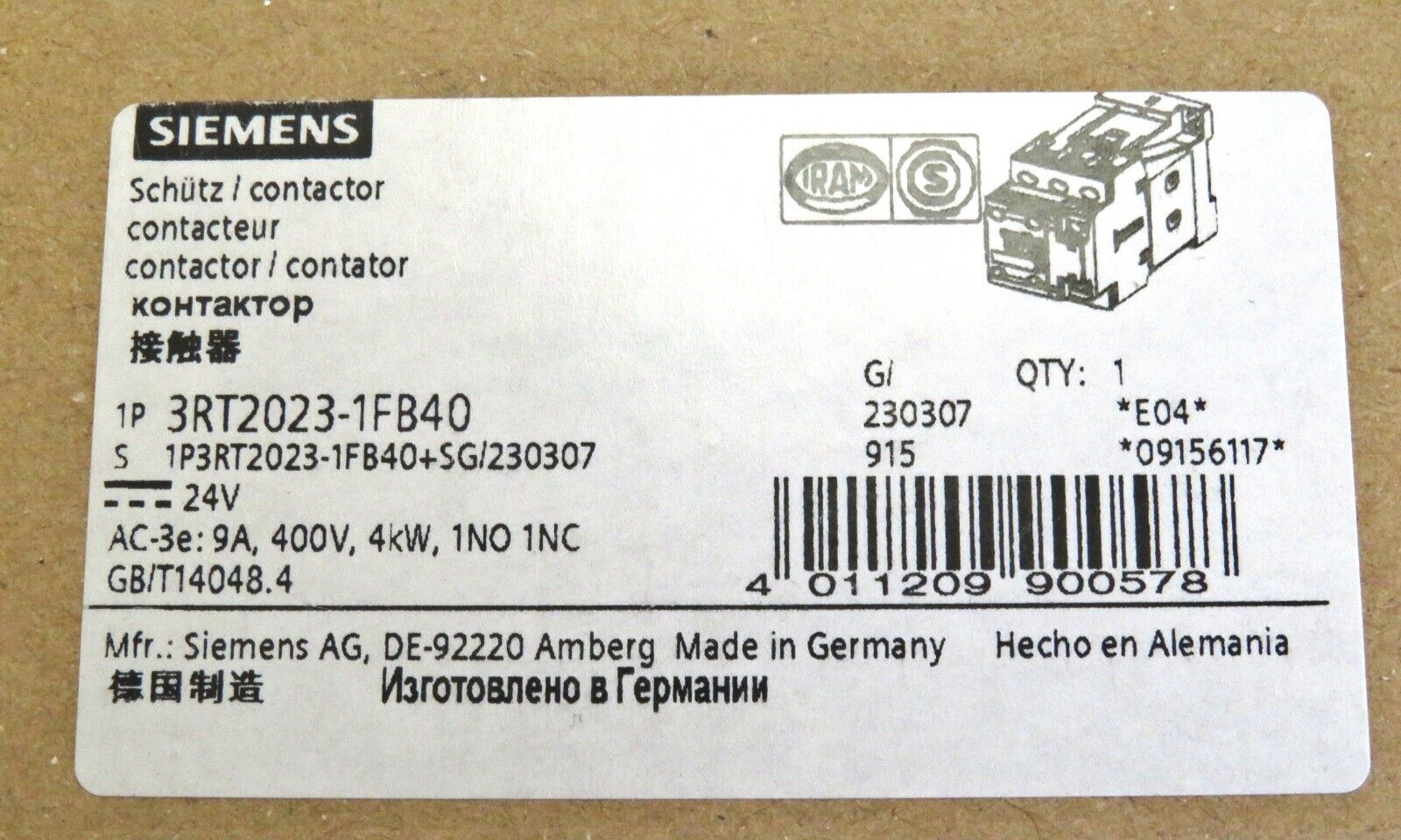 Siemens Power Contactor 3RT2023-1FB40