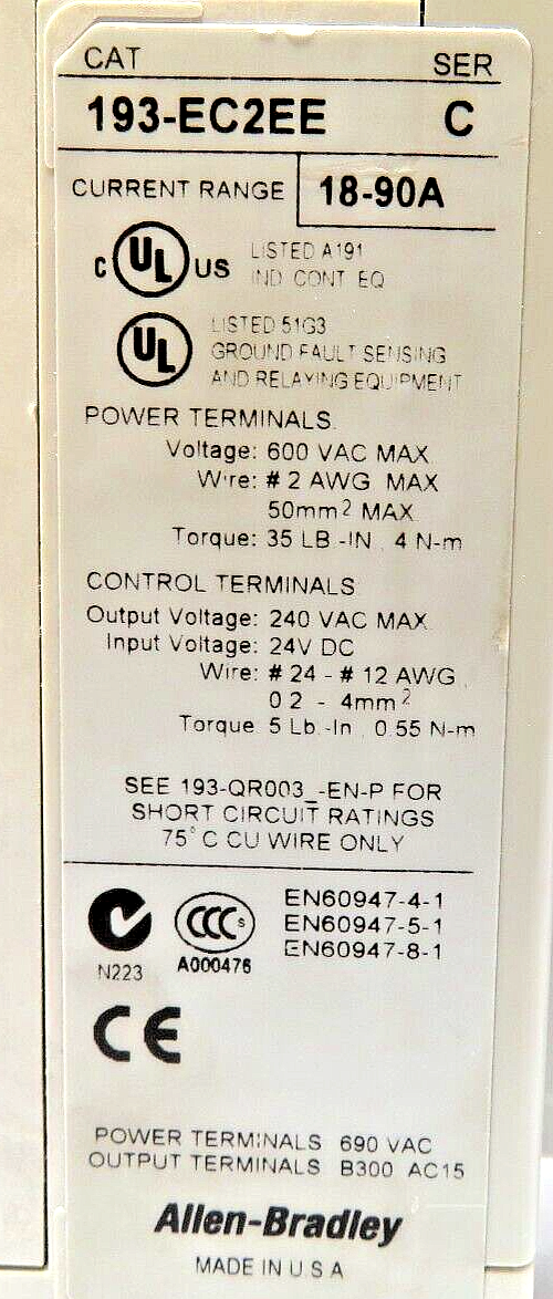 Allen-Bradley 193-EC2EE E3 Plus Solid State Overload Relay 18-90A