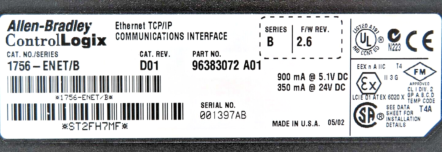 Allen-Bradley ControlLogix 1756-ENET Ethernet IP Bridge Module (No Door - Cover)