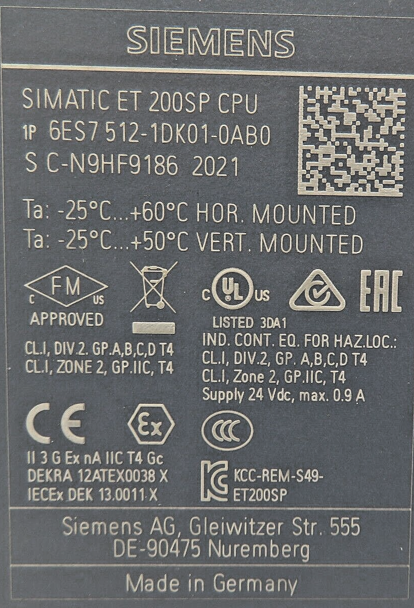 Siemens 6ES7512-1DK01-0AB0 SIMATIC ET 200SP CPU Module