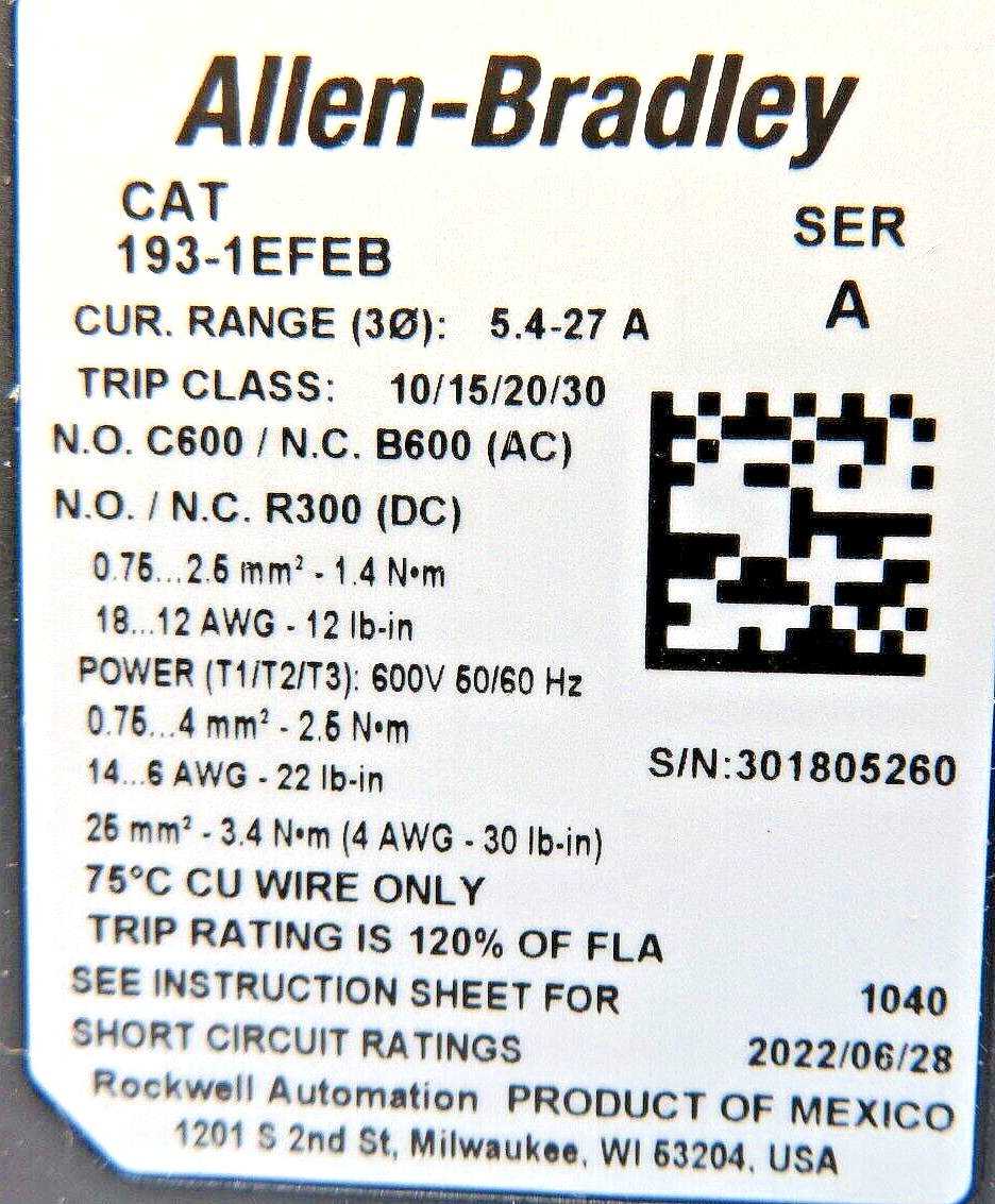 Allen-Bradley 193-1EFEB E100 Series Overload Relay 5.4-27.0A  Manual/Auto Reset