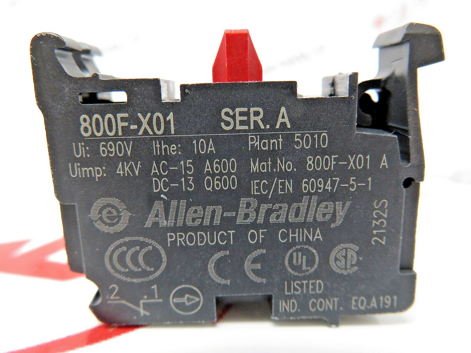 Allen-Bradley 800F-X01 Contact Cartridge 22.5MM 1NC 10A 690VAC Front Mount SER A