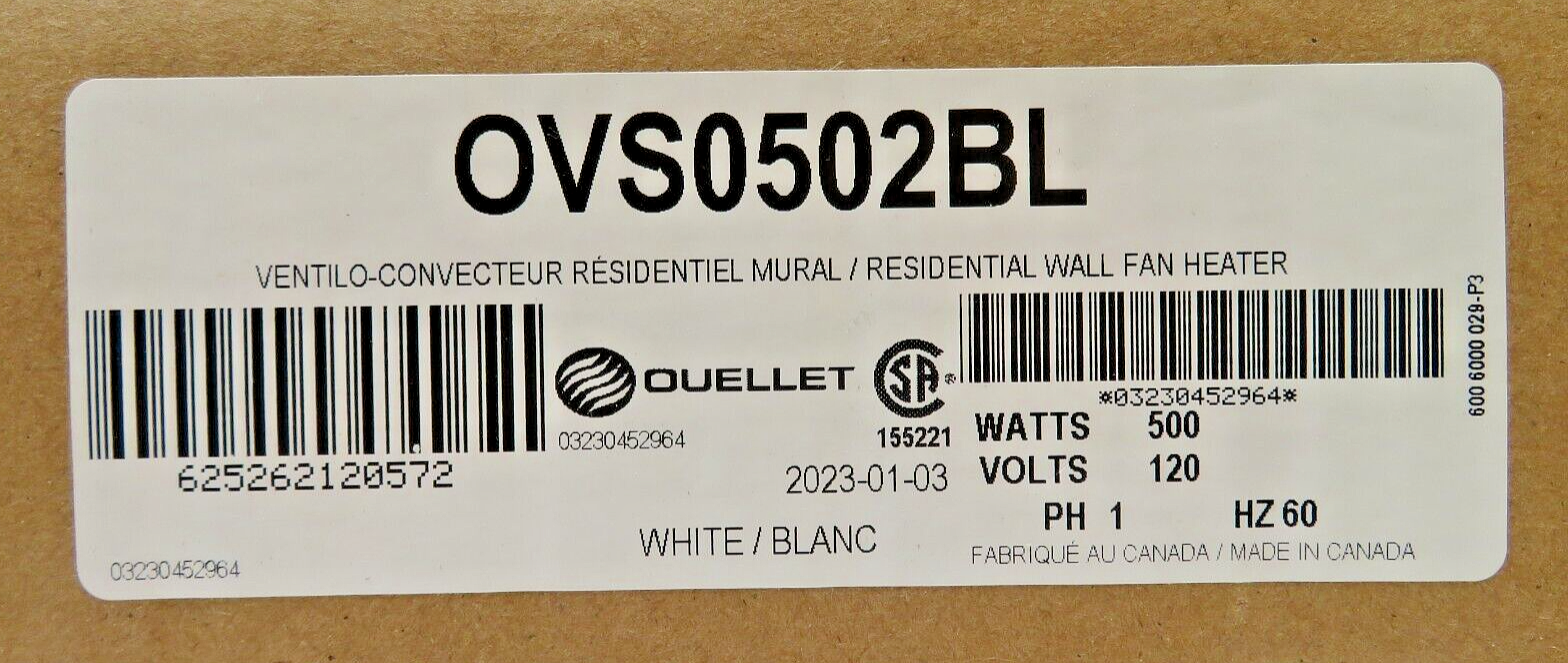 Ouellet Residential Wall Fan Heater OVS0502BL 120VAC 500W 16 X 8.13 X 1.25 In WT