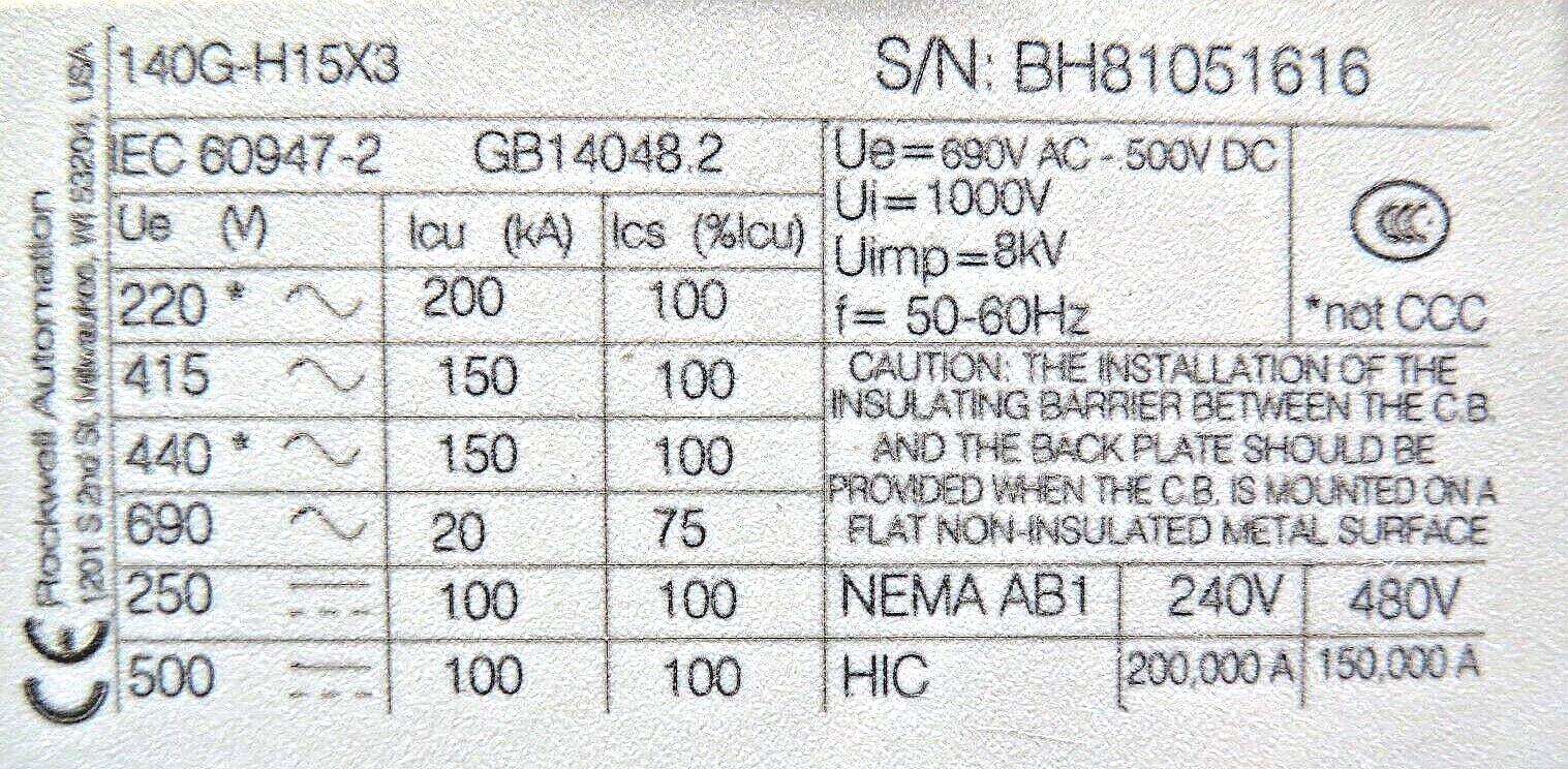 Allen-Bradley 140G-H15X3 125A Molded Case Circuit Breaker 140G-HTH3-C60 Trip LSI