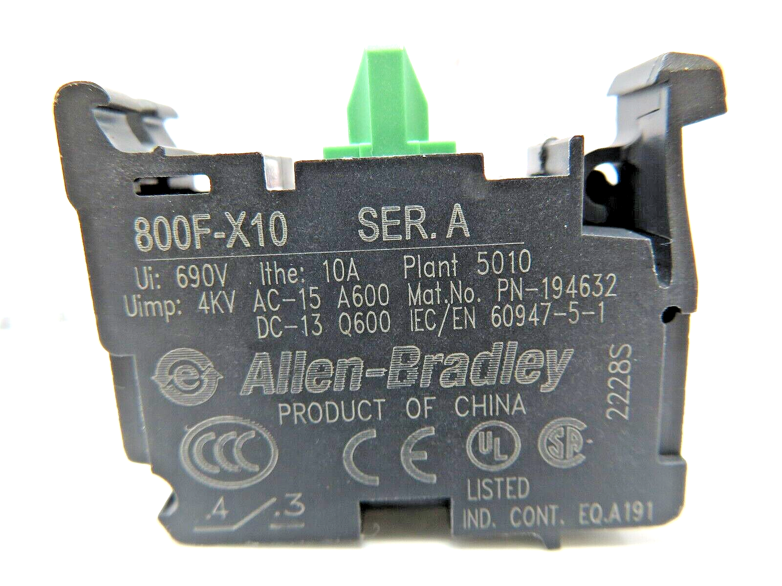 Allen-Bradley 800F-X10 Contact Cartridge 22.5MM 1NO 10A 690VAC Front Mount SER A