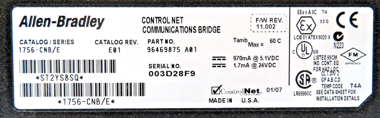 Allen-Bradley 1756-CNB/E ControlLogix Control Net 1-Port Communications Bridge