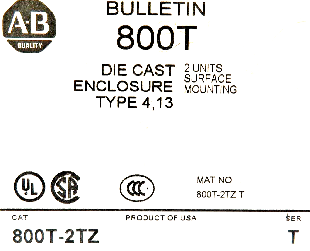 Allen-Bradley 800T-2TZ Die Cast Aluminum Enclosure Type 4,13 2-Hole 30MM Opening