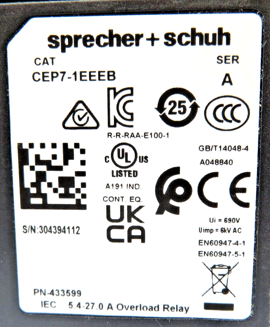 Sprecher + Schuh CEP7-1EEEB Solid-State Overload Relay 5.4-27A Class10/20