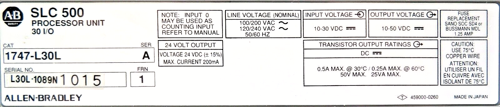 Allen-Bradley 1747-L30L SLC 500 30 I/O Processor Module