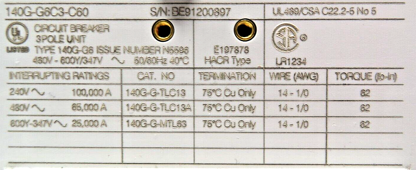 Allen-Bradley 140G-G6C3-C60 60A Molded Circuit Breaker  65kA@480V