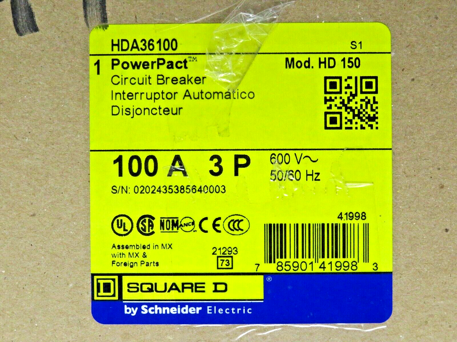 Schneider Electric Square D HDA36100 PowerPact 100A 3 Pole Circuit Breaker