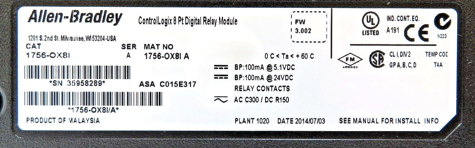 Allen-Bradley 1756-OX8I ControlLogix 8-Point Digital Relay Module