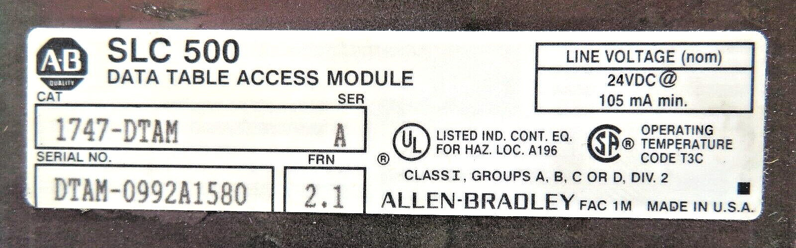 Allen-Bradley SLC 500 1747-DTAM Data Table Access Module With 1747-C10 Cable