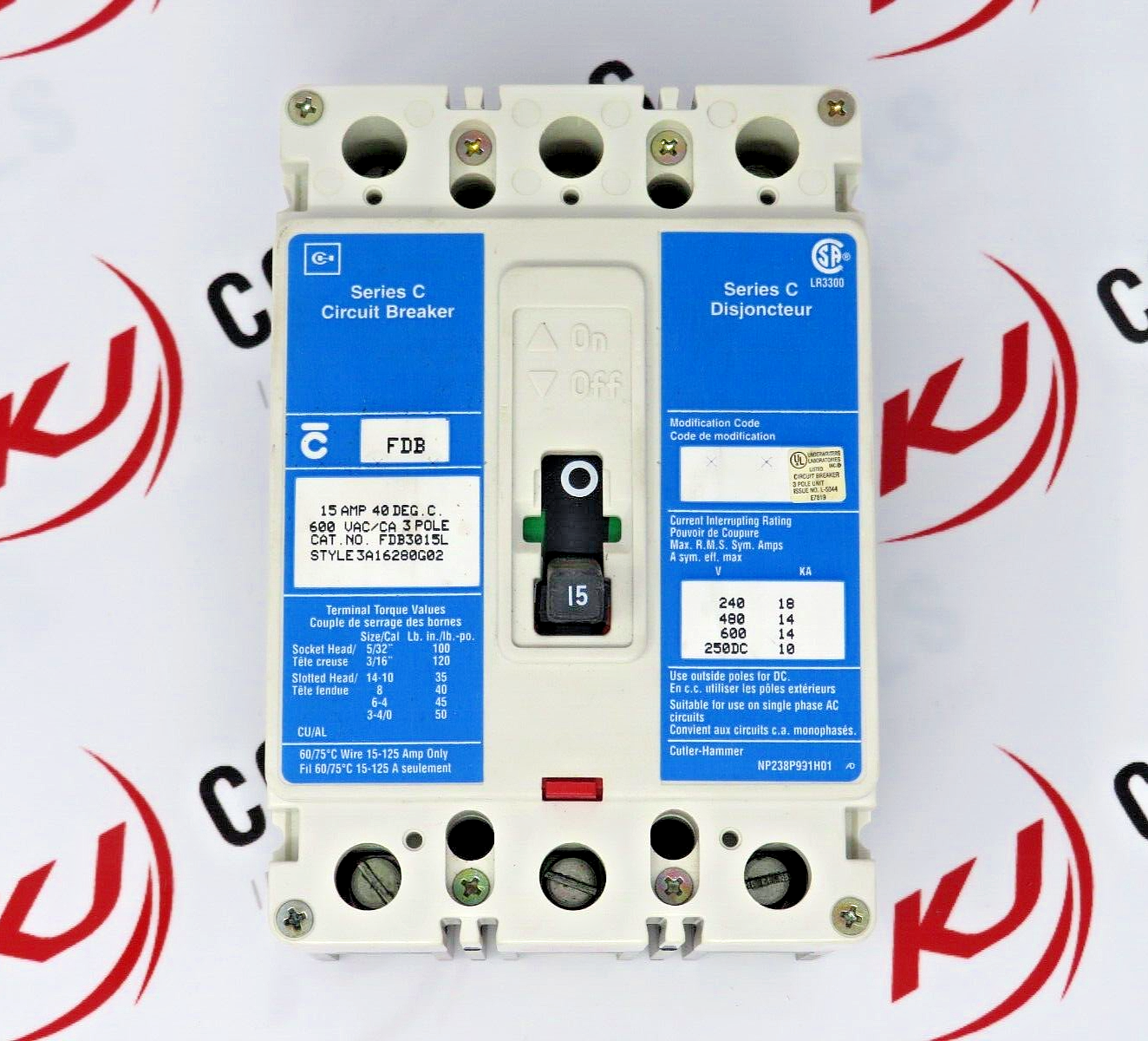 Eaton Cutler-Hammer FDB3015L Series C 15A 600VAC 3P Circuit Breaker 14kA @ 480V