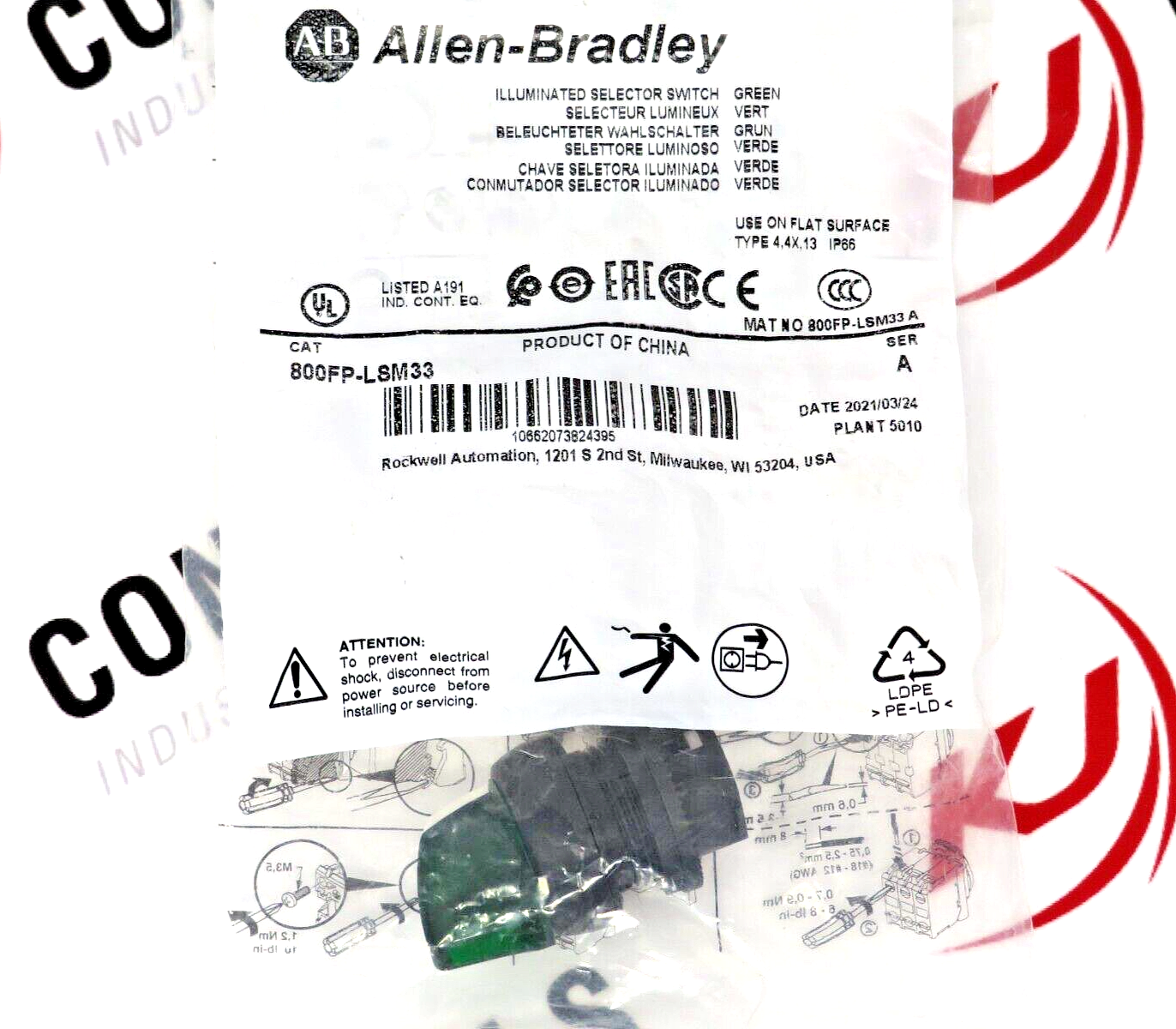 Allen-Bradley 800FP-LSM33 Green Illuminated Selector Switch 22.5MM Series A