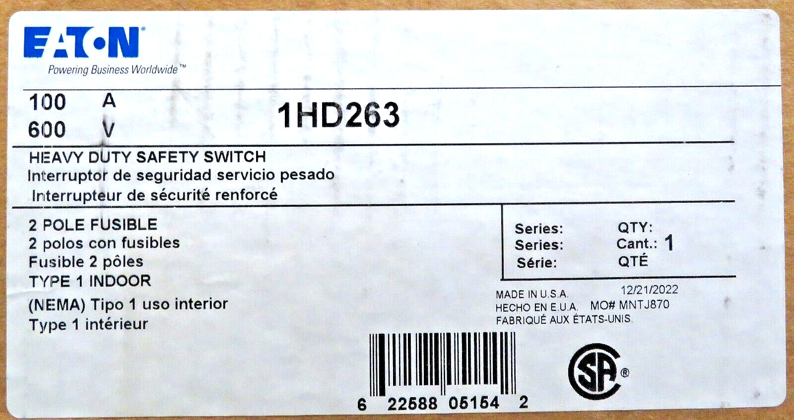 Eaton 1HD263 Heavy Duty Fusible Safety Switch 100A 600VAC/DC