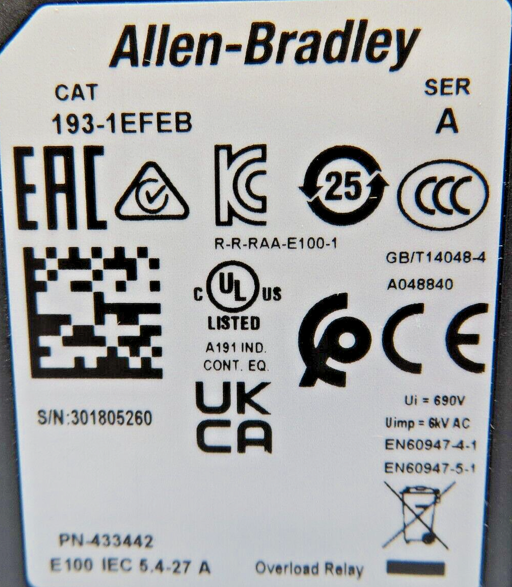 Allen-Bradley 193-1EFEB E100 Series Overload Relay 5.4-27.0A  Manual/Auto Reset