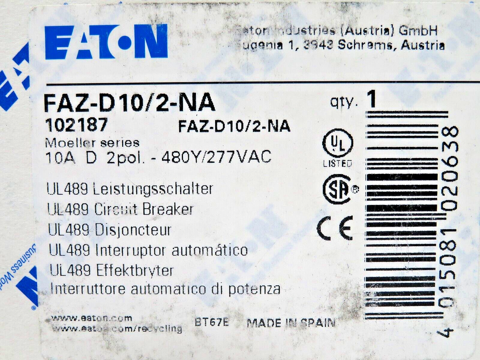 Eaton FAZ-D10/2-NA Miniature 10A 2-Pole Circuit Breaker Thermal / Magnetic Trip