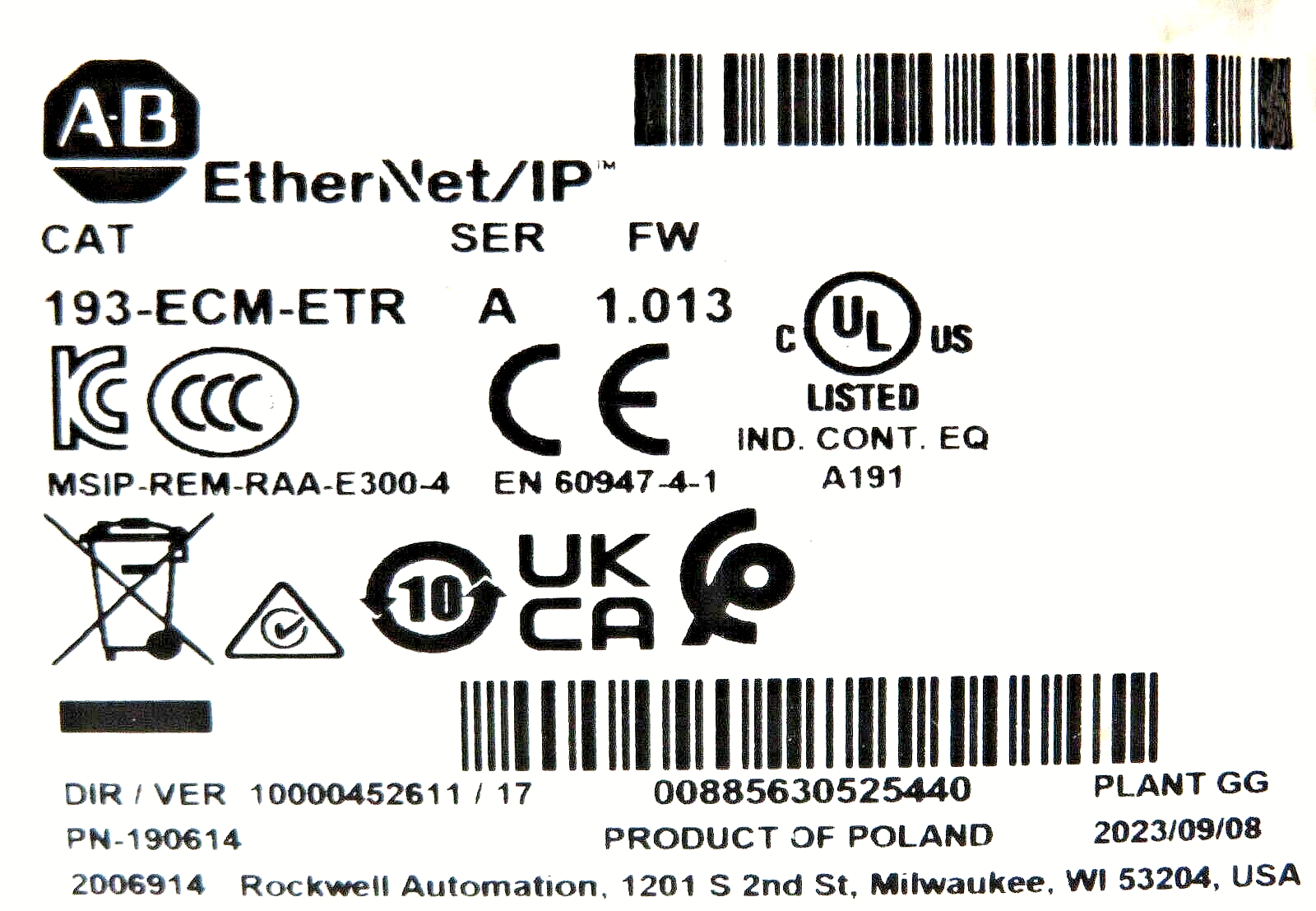 Allen-Bradley 193-ECM-ETR E300 EtherNet/IP Communication Module