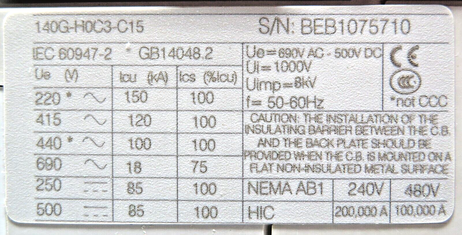 Allen-Bradley 140G-H0C3-C15 15 AMP 100kA @ 480V Molded Case Circuit Breaker