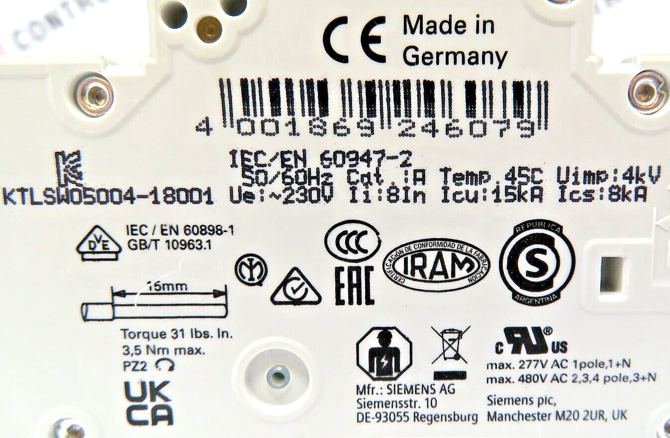 Siemens 5SY6116-7 Miniature Circuit Breaker 16A 1-Pole 230/400VAC DIN Rail Mount
