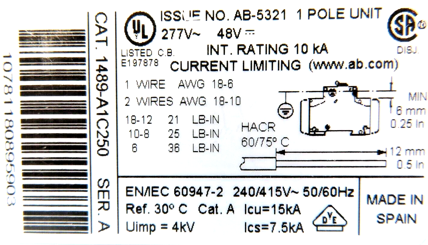 Allen-Bradley 1489-A1C250 Circuit Breaker 25A 1-Pole 277 VAC C-Curve Trip