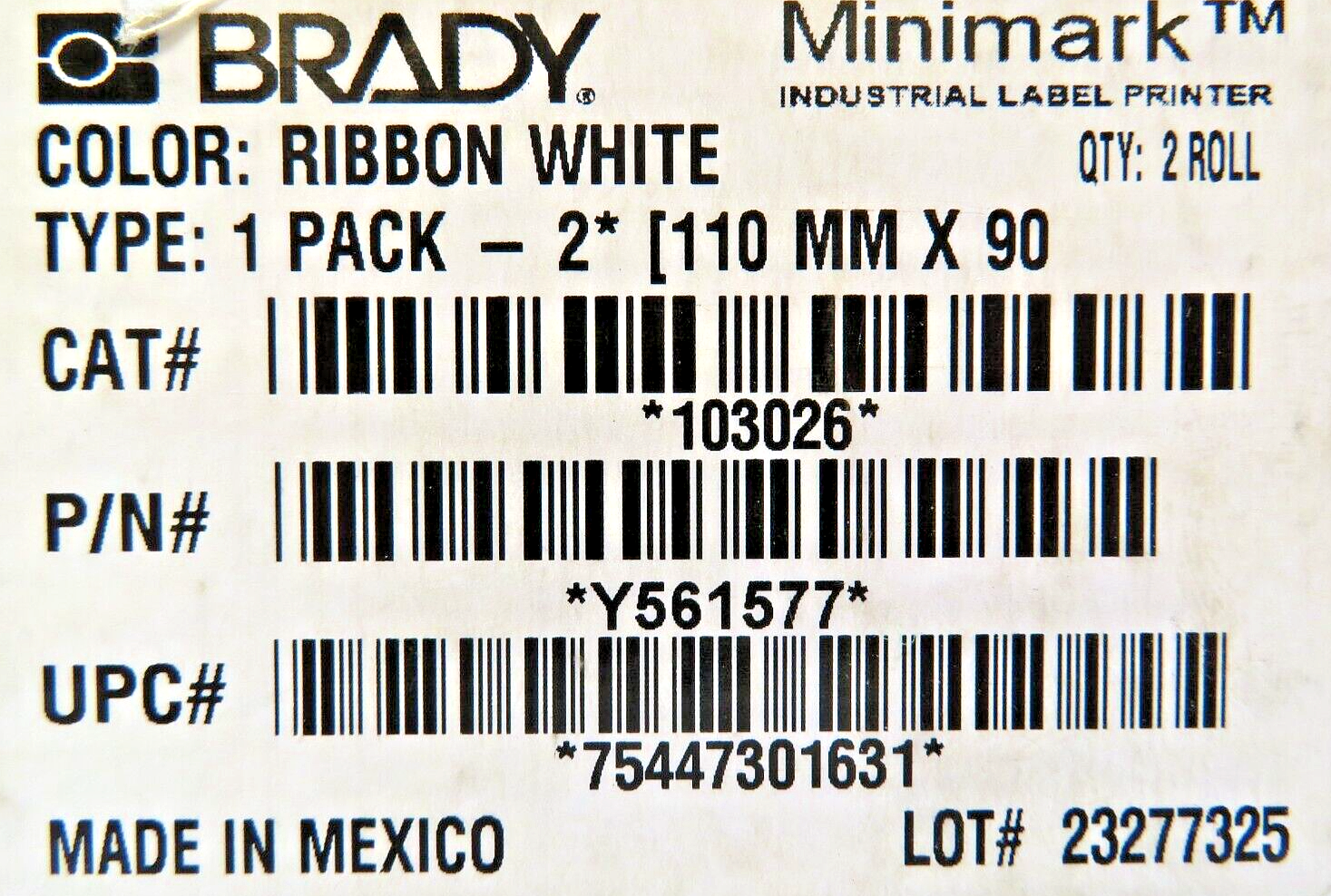 Brady 103026 MiniMark 110MM X 90M White IND. Label Printer Ribbon (Pack of 2)