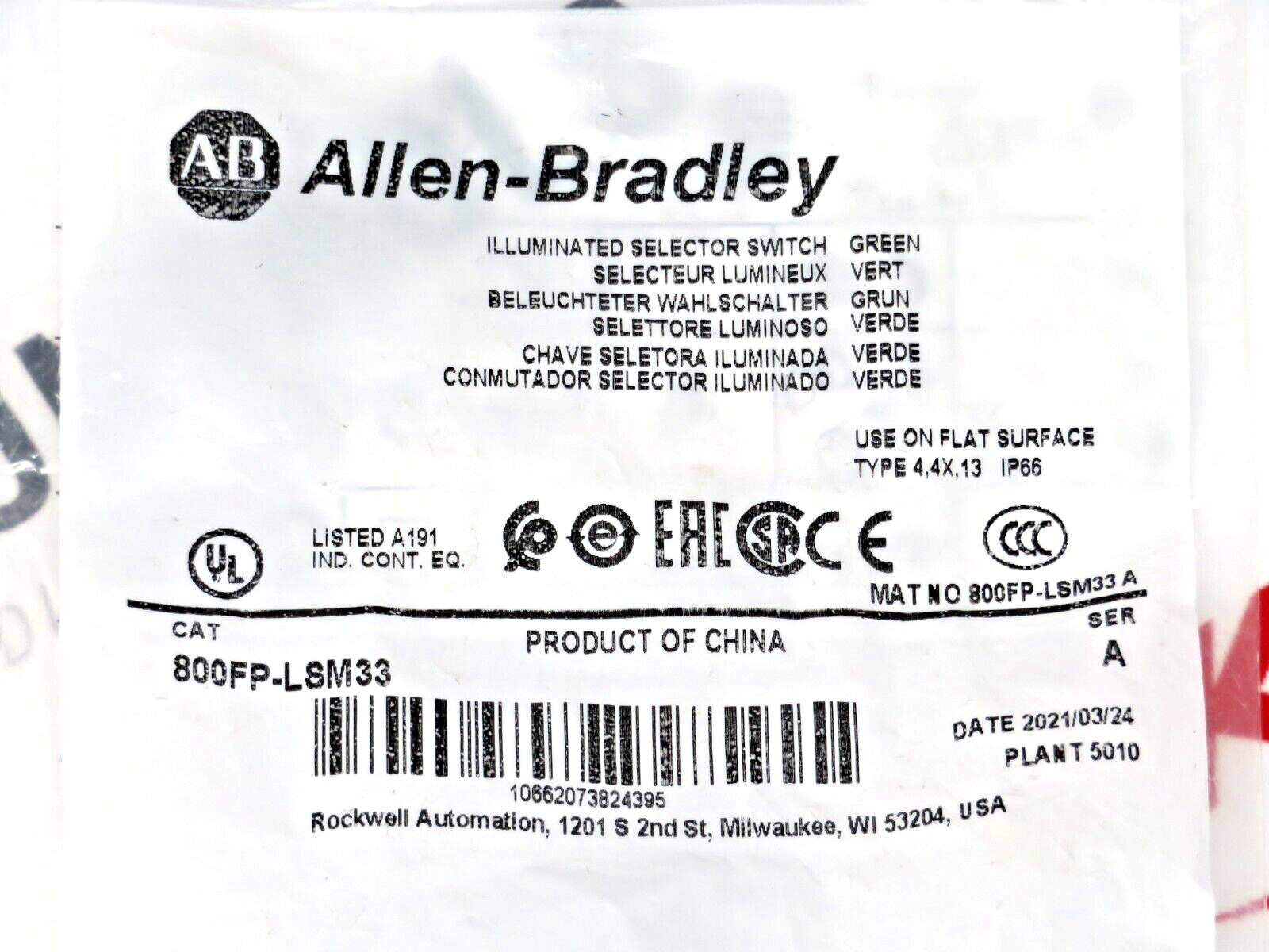 Allen-Bradley 800FP-LSM33 Green Illuminated Selector Switch 22.5MM Series A