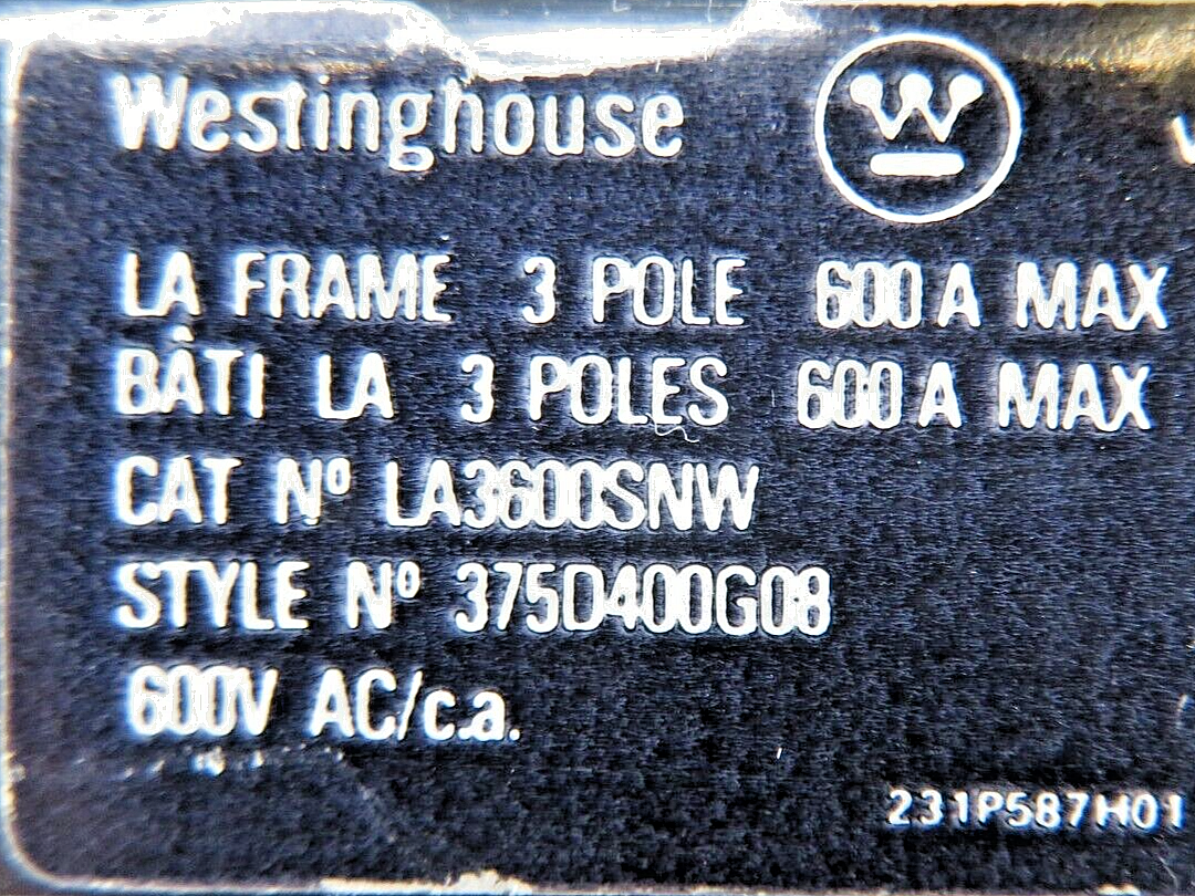 Westinghouse LA3600SNW Molded Case Switch 600A 3-Pole 600VAC Style 375D400G08