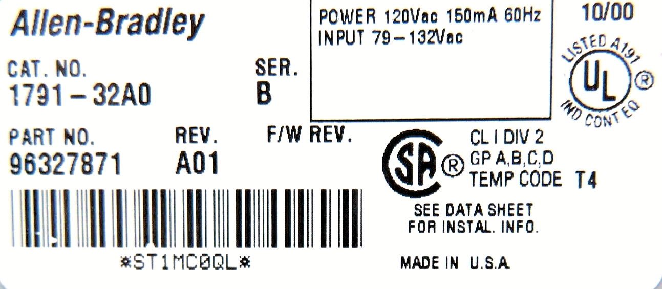 Allen Bradley 1791-32A0 32-Point (32 Input) 120 VAC PLC Block I/O Module
