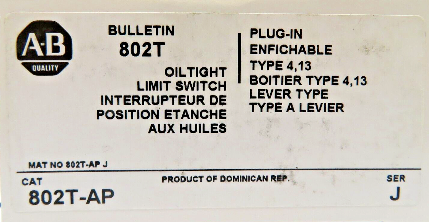 Allen-Bradley 802T-AP Oiltight Limit Switch Plug-In Type 4,13 Lever Series J