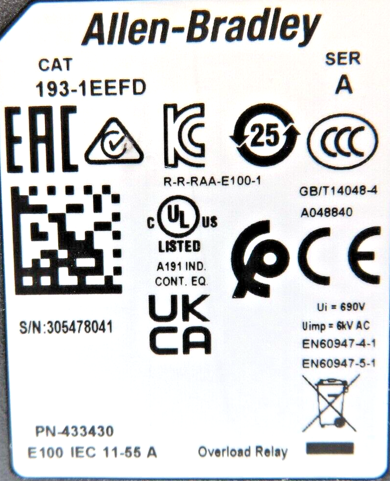 Allen-Bradley 193-1EEFD E100 Overload Relay 11-55A Class 10/20