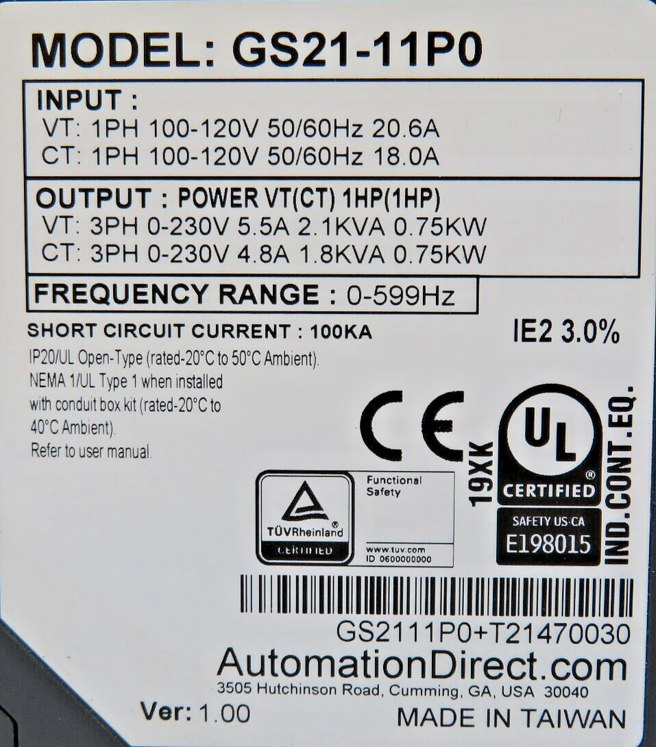 Automation Direct GS21-11P0 Dura Pulse GS20 General Purpose AC Sensor Less Drive