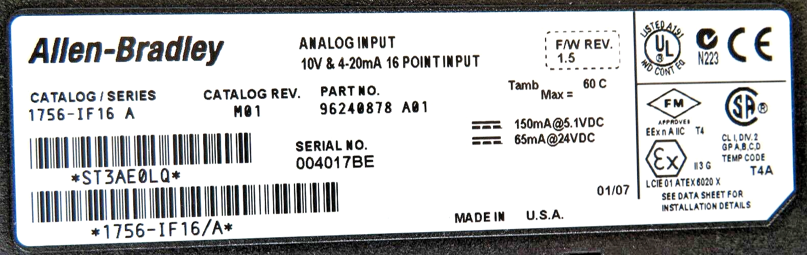 Allen-Bradley 1756-IF16 ControlLogix 16-Point Analog Input Module Series A