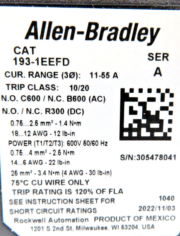 Allen-Bradley 193-1EEFD E100 Overload Relay 11-55A Class 10/20