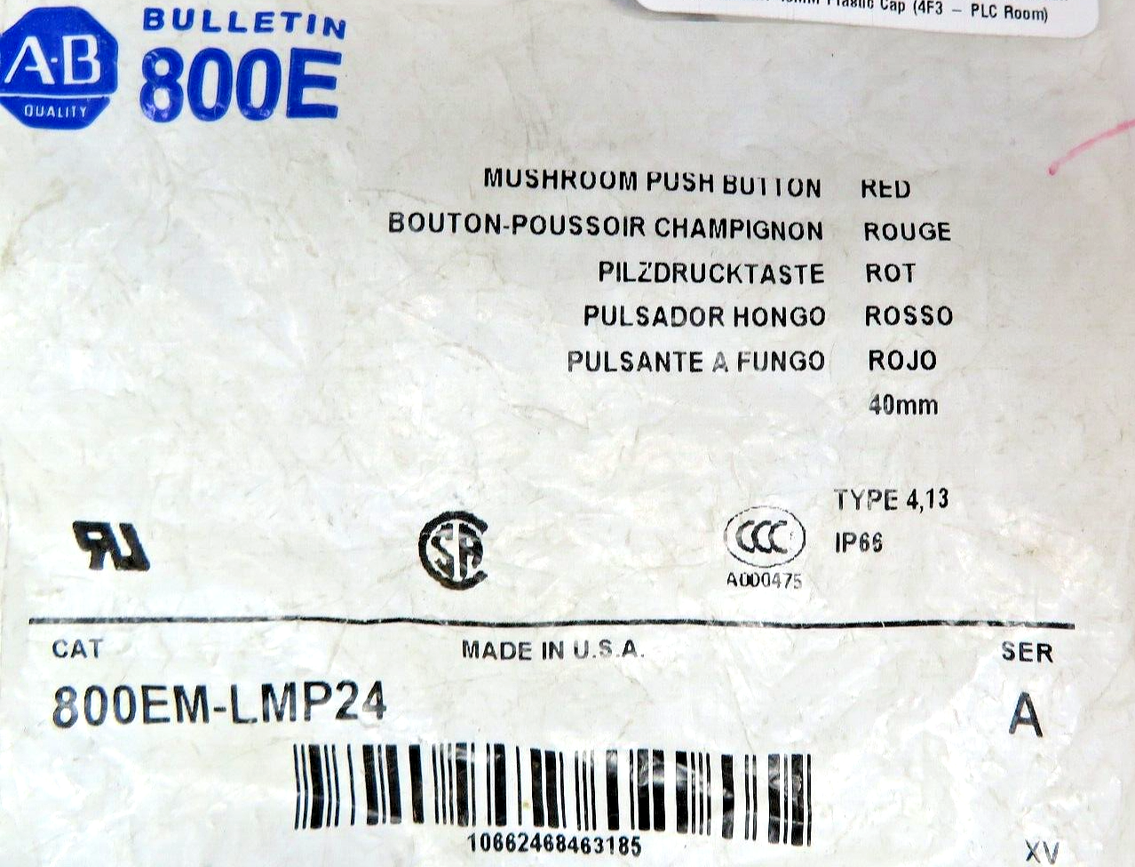 Allen-Bradley 800EM-LMP24 Mushroom Push Button Red ILLUM. 40MM Plastic Cap