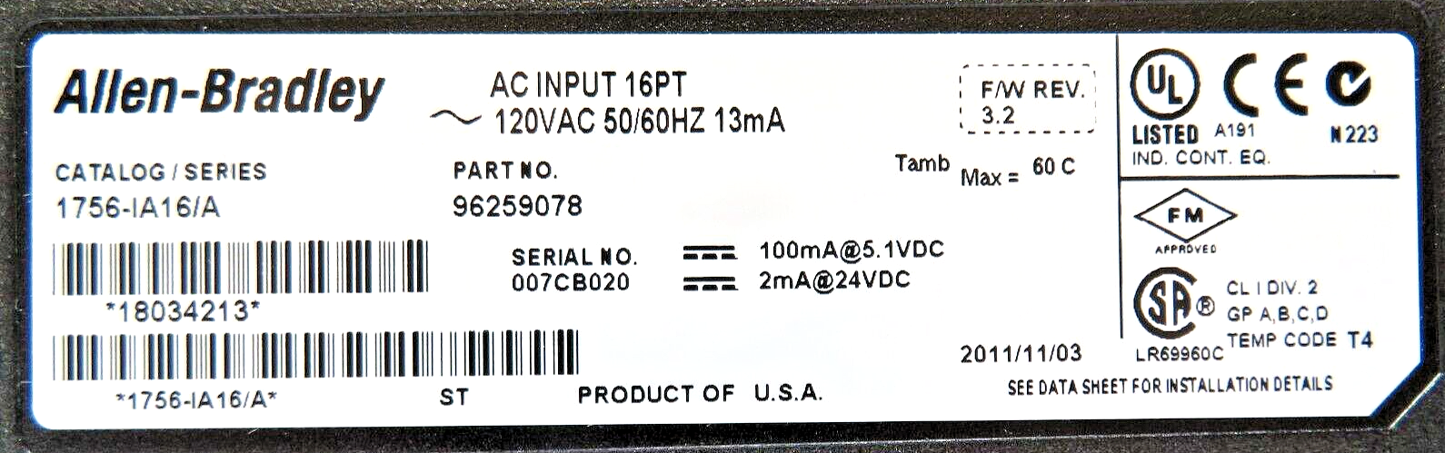 Allen-Bradley 1756-IA16 ControlLogix 16-Discrete Input Channels 120V AC Module