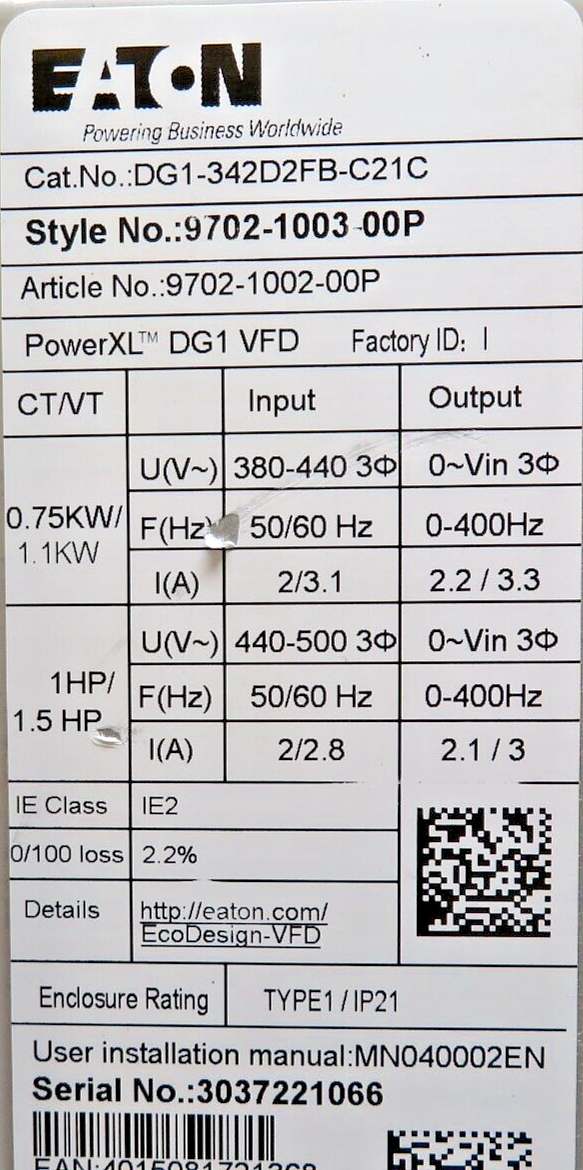 Eaton DG1-342D2FB-C21C Variable Frequency Drive 480VAC 1HP Max  2.2A NEMA1 3PH
