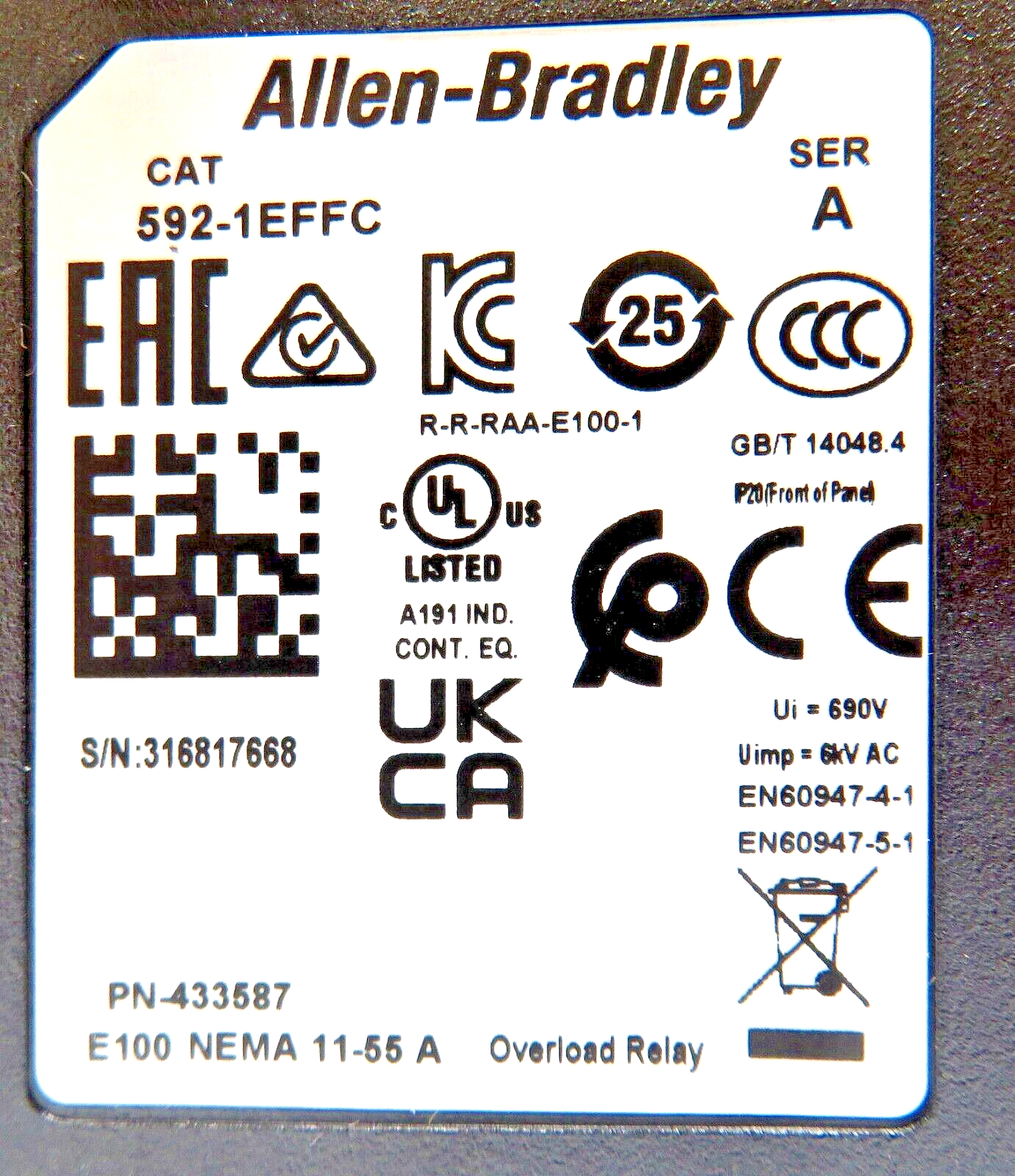 Allen-Bradley 592-1EFFC E100 Electronic 11-55A Overload Relay